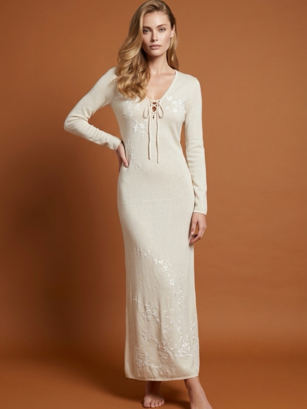 Meshki Ecru Beige Embroidered Long Sleeve Maxi Sweater Viscose Dress-S
